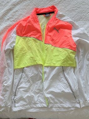 Puma White Windbreaker with Neon Coral and Neon Yellow Colorblock